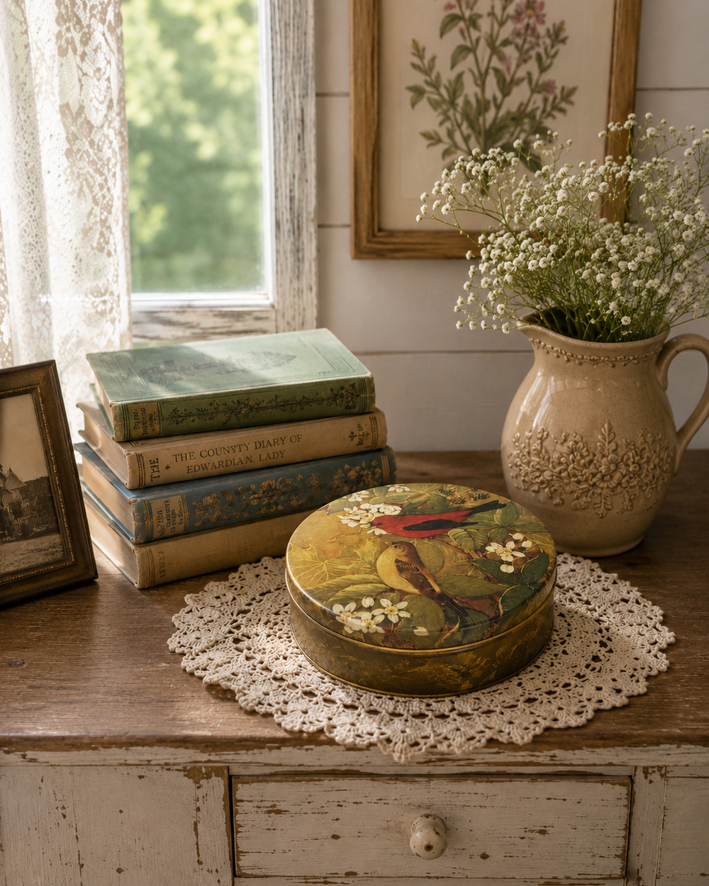 Vintage Can Tin with Birds on Flowers Covered Decorative Tin